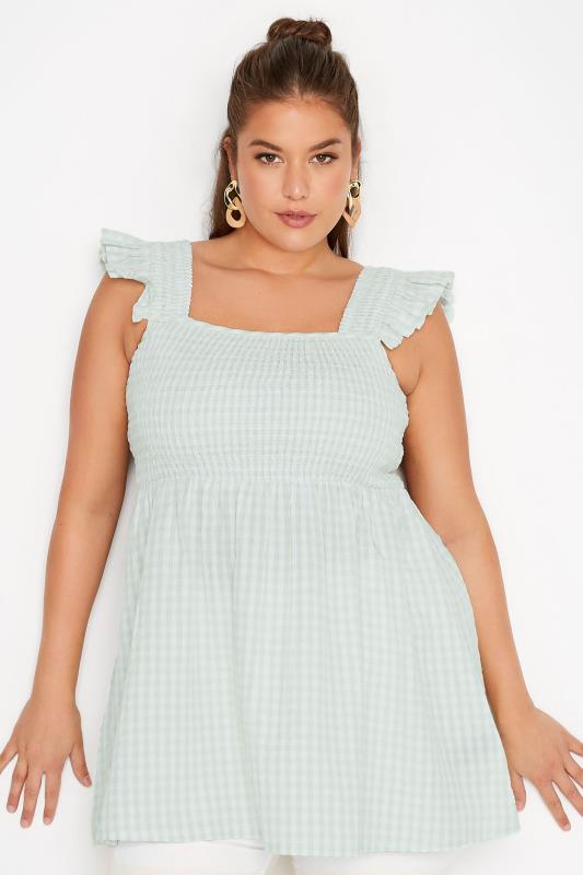 LIMITED COLLECTION Curve Sage Green Gingham Frill Top 1