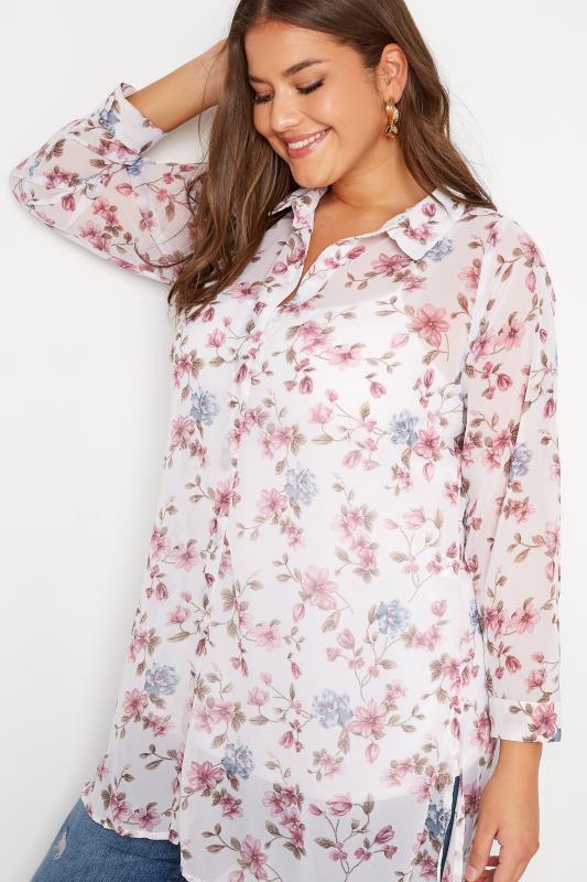 Plus Size White & Pink Floral Button Through Shirt | Yours Clothing 4