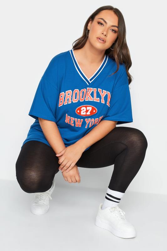 YOURS Plus Size Blue 'Brooklyn New York' Slogan V-Neck T-Shirt | Yours Clothing 3
