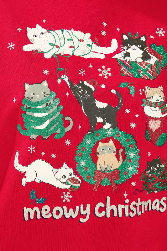 christmas cat dress plus size YOURS Red 'Meowy Christmas' Glitter Cats Sweatshirt Outfitted with a button