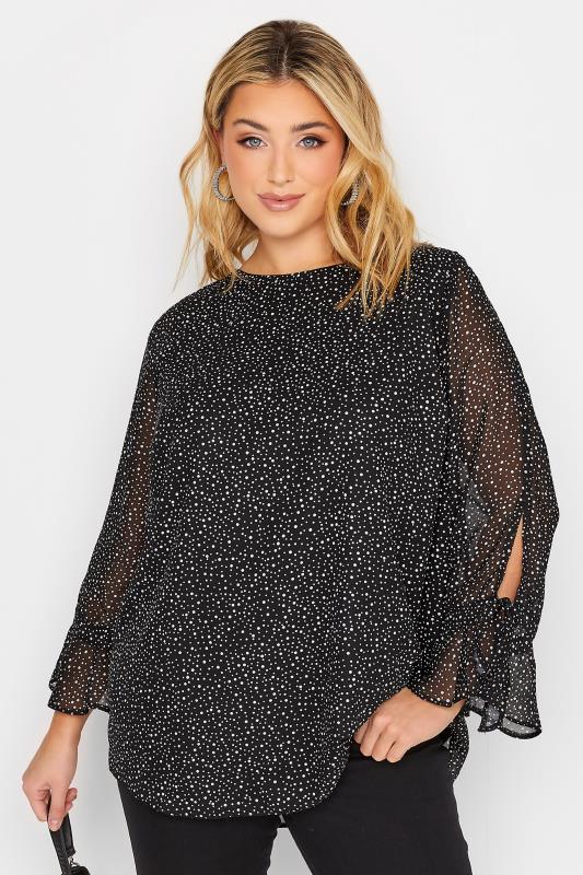 YOURS Plus Size Curve Black Polka Dot Bell Sleeve Blouse | Yours Clothing  1