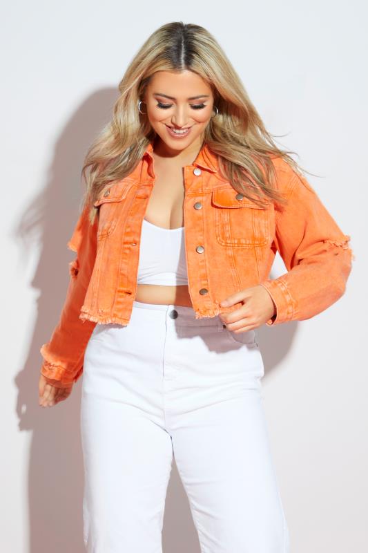 Plus Size Bright Orange Cropped Distressed Denim Jacket | Yours Clothing  9