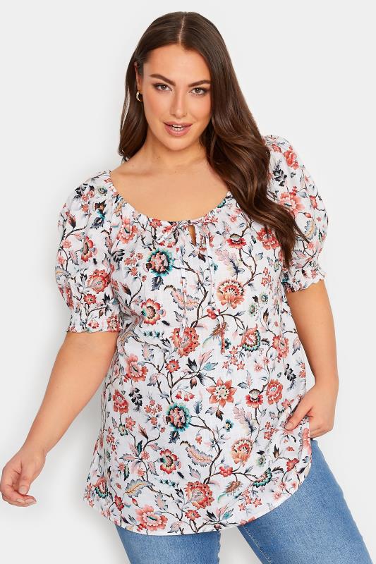  Grande Taille YOURS Curve White Floral Tie Neck Gypsy Top
