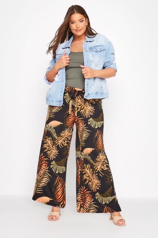 Plus Size Black Tropical Print Tie Wide Leg Trousers | Yours Clothing 2