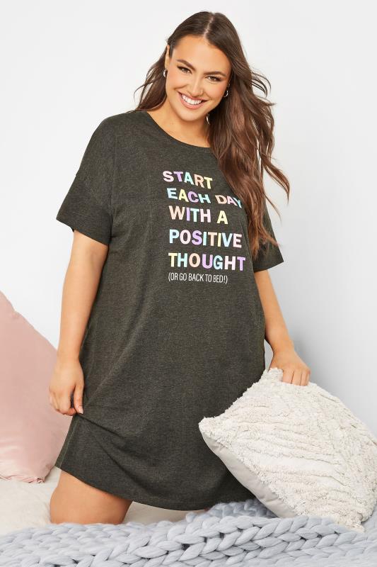 Plus Size  YOURS Curve Grey 'Start Each Day With A Positive Thought' Slogan Sleep Tee Nightdress