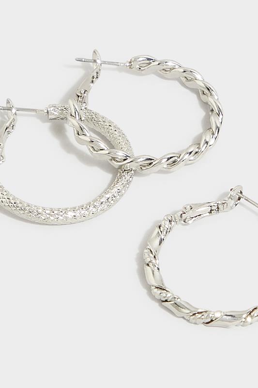 3 PACK Silver Twisted Hoop Earrings | Yours Clothing 4