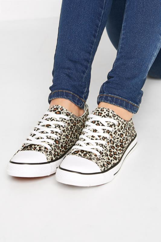 LTS Tall Women's Brown Leopard Print Canvas Low Trainers In Standard Fit | Long Tall Sally  1