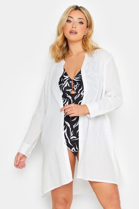 YOURS Plus Size White Collarless Beach Shirt | Yours Clothing 1