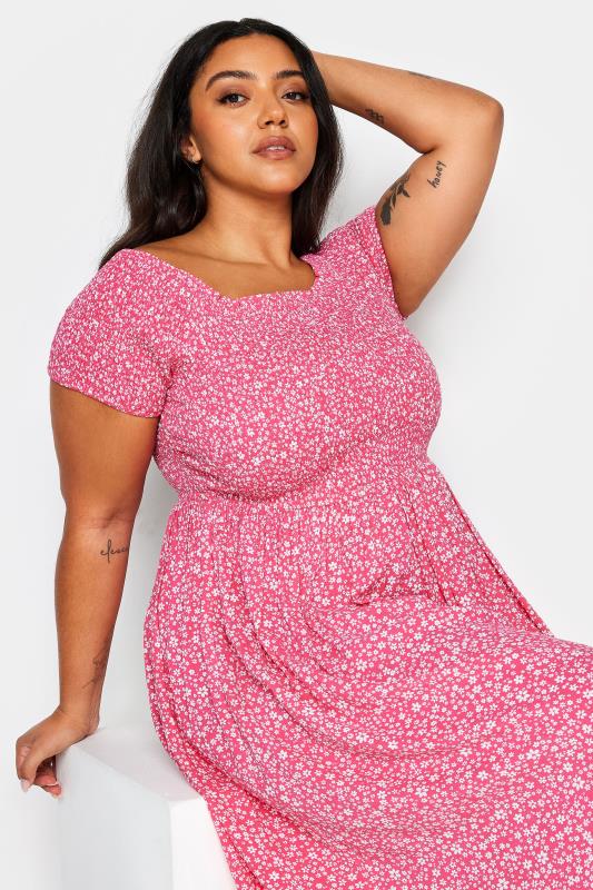 YOURS Plus Size Pink Ditsy Floral Print Shirred Bardot Maxi Dress | Yours Clothing 4