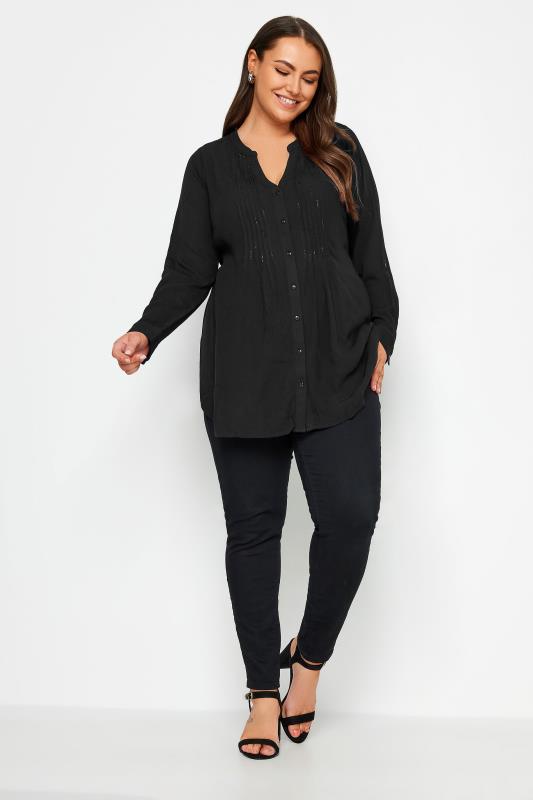 YOURS Plus Size Black Embellished Pintuck Shirt | Yours Clothing 2