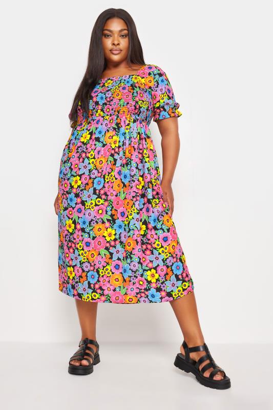 YOURS Plus Size Black Floral Print Shirred Midi Dress | Yours Clothing 2