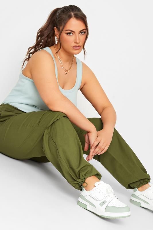 YOURS Curve Plus Size Khaki Green Cuffed Parachute Trousers | Yours Clothing  4