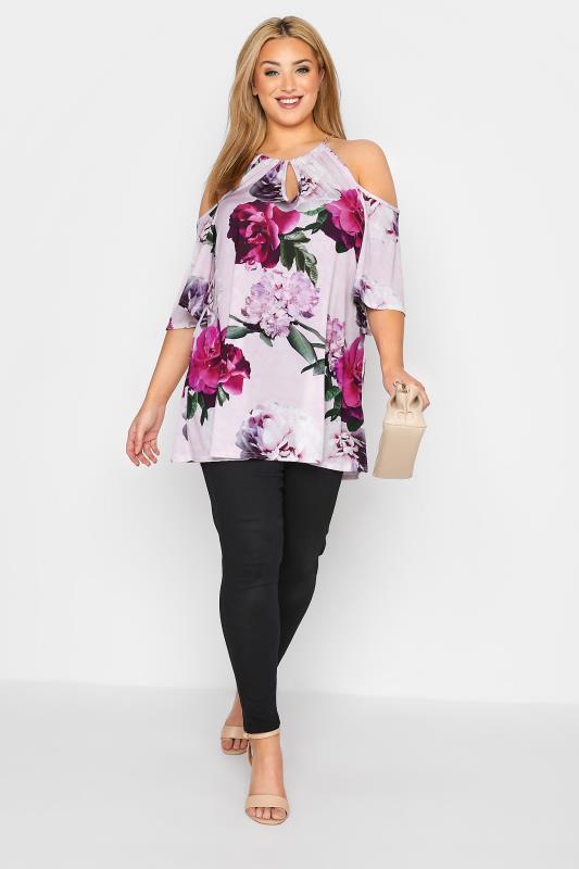 YOURS LONDON Plus Size Pink Floral Chain Neckline Cold Shoulder Top | Yours Clothing 2