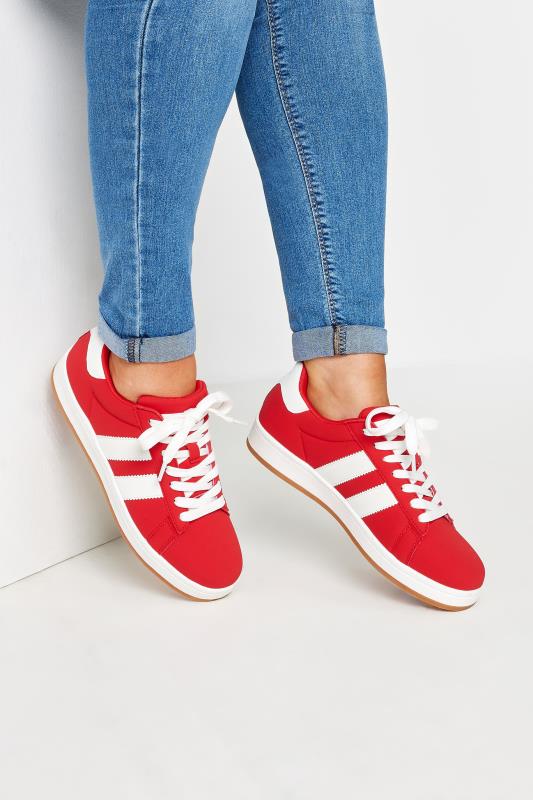 Plus Size  Red Padded Lace Up Trainers In Wide E Fit