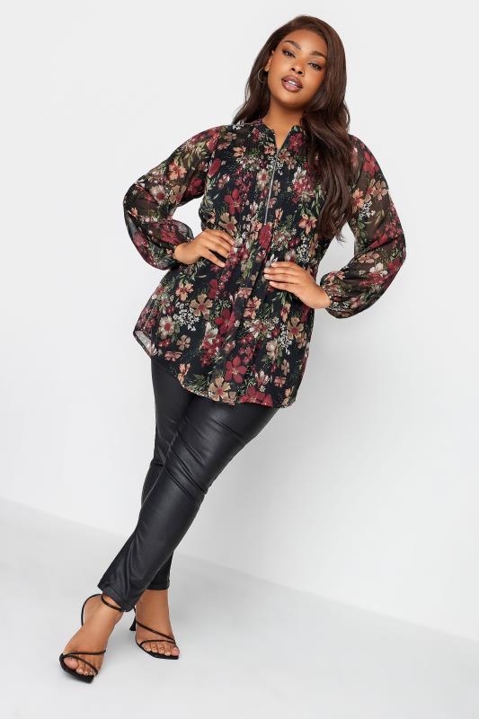 YOURS LONDON Plus Size Black Floral Print Zip Front Top | Yours Clothing 3
