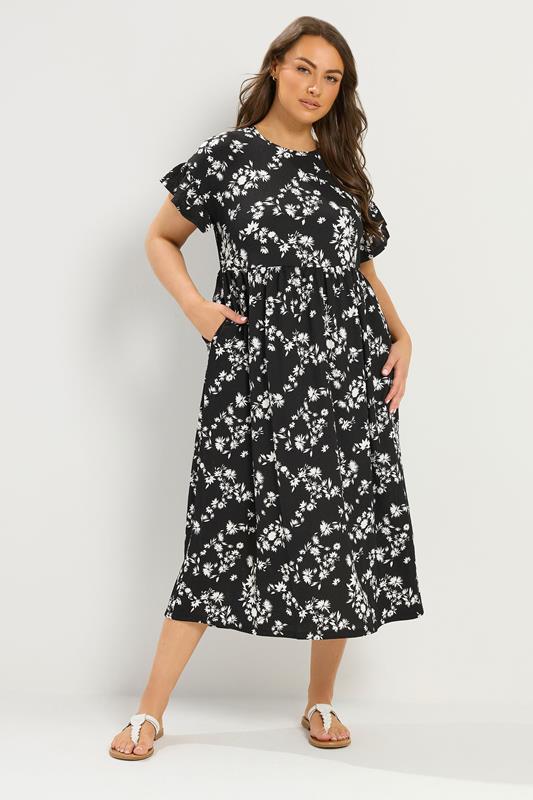  YOURS Curve Robe longue noire à fleurs et manches à volants