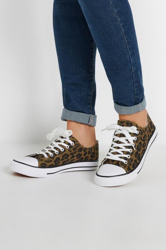 LTS Tall Women's Brown Leopard Print Canvas Low Trainers In Standard Fit | Long Tall Sally  1