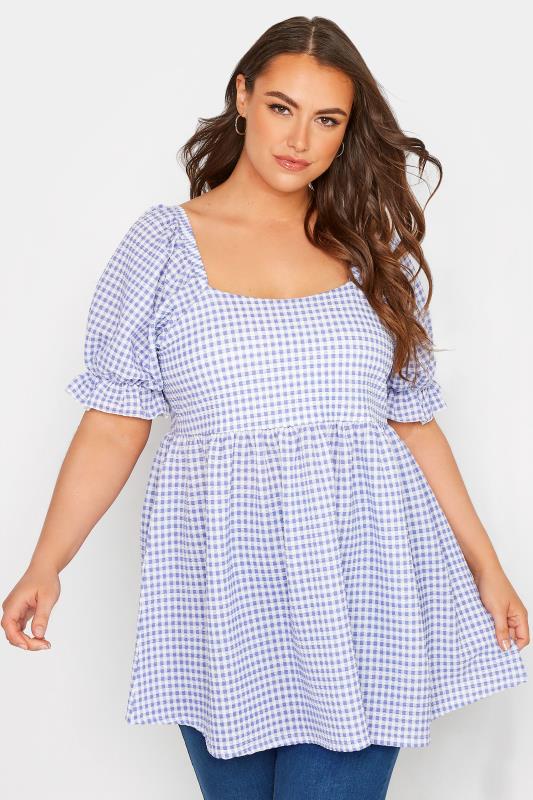 LIMITED COLLECTION Curve Blue & White Gingham Milkmaid Top_A.jpg