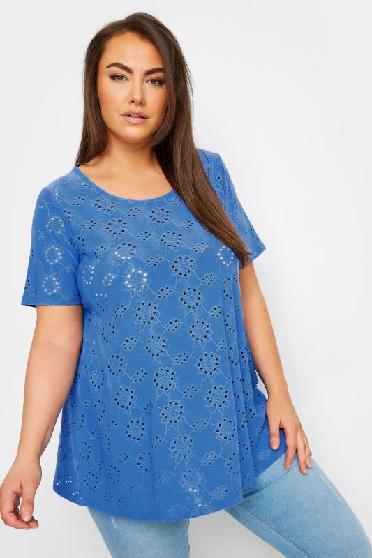 YOURS Plus Size Blue Broderie Anglaise Swing T-Shirt | Yours Clothing 1