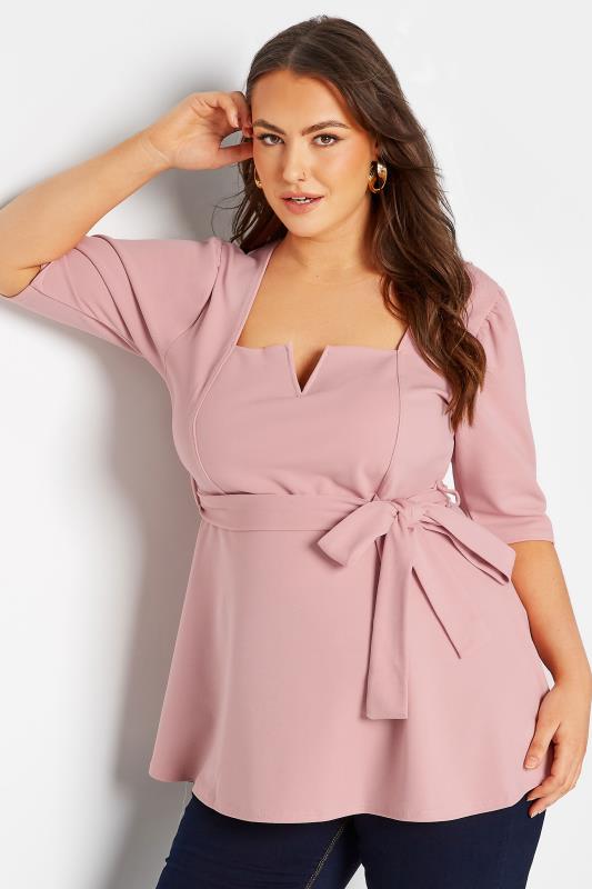 YOURS LONDON Plus Size Blush Pink Notch Neck Peplum Top | Yours Clothing 4