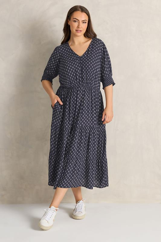 EVANS Plus Size Navy Blue Dobby Tiered Maxi Dress | Evans 2