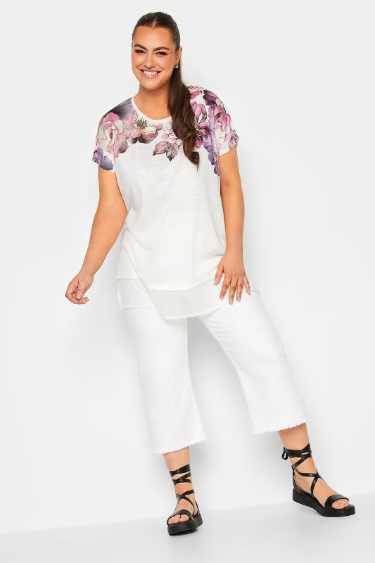 YOURS Plus Size White Floral Print Layered Hem T-Shirt | Yours Clothing  2