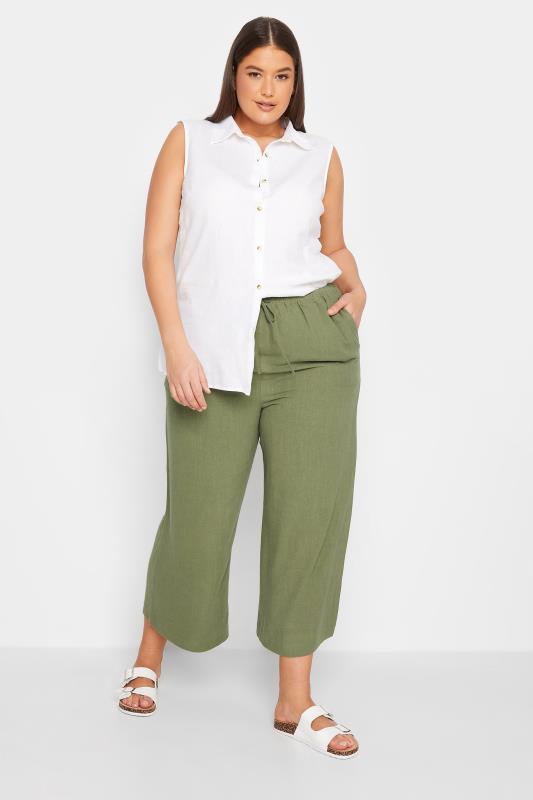 LTS Tall Women's Khaki Green Wide Leg Cropped Linen Look Trousers | Long Tall Sally  2
