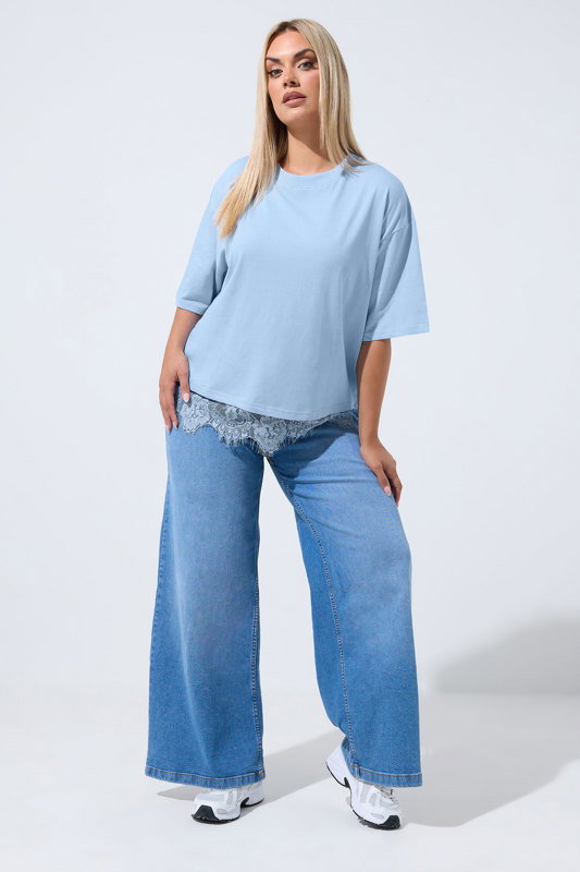 Bluelea Lace　hem long Tee LIMITED COLLECTION Plus Size Light Blue Oversized Lace Hem T-Shirt