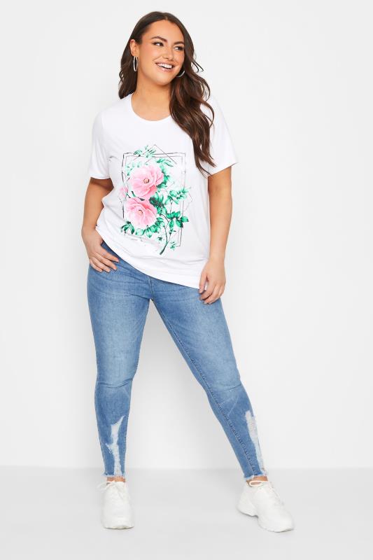 YOURS Curve White Floral Foil Print T-Shirt | Yours Clothing  2