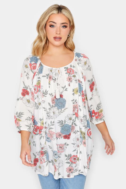  Grande Taille YOURS Curve White Floral Tie Front Gypsy Top