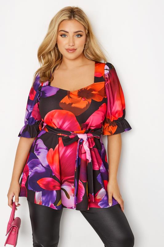 YOURS LONDON Plus Size Black Floral Print Puff Sleeve Peplum Top | Yours Clothing 3