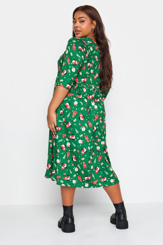 LIMITED COLLECTION Plus Size Green Santa Print Christmas Smock Dress | Yours Clothing 4