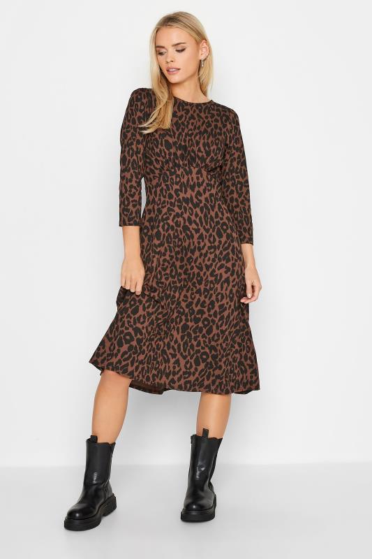 Petite Brown Leopard Print Midi Dress | PixieGirl 1