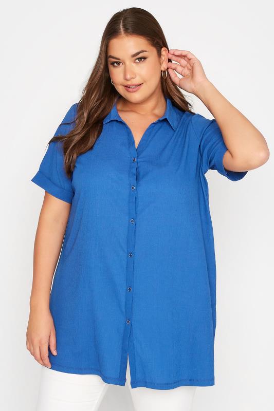 Plus Size Cobalt Blue Crinkle Button Through Shirt | Yours Clothing  1