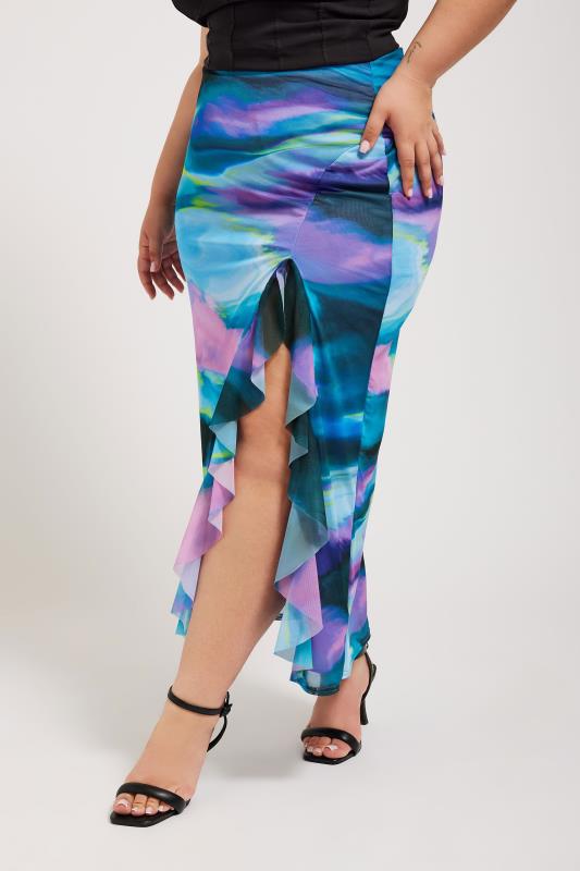 YOURS LONDON Plus Size Blue Abstract Print Ruffle Maxi Skirt | Yours Clothing 1