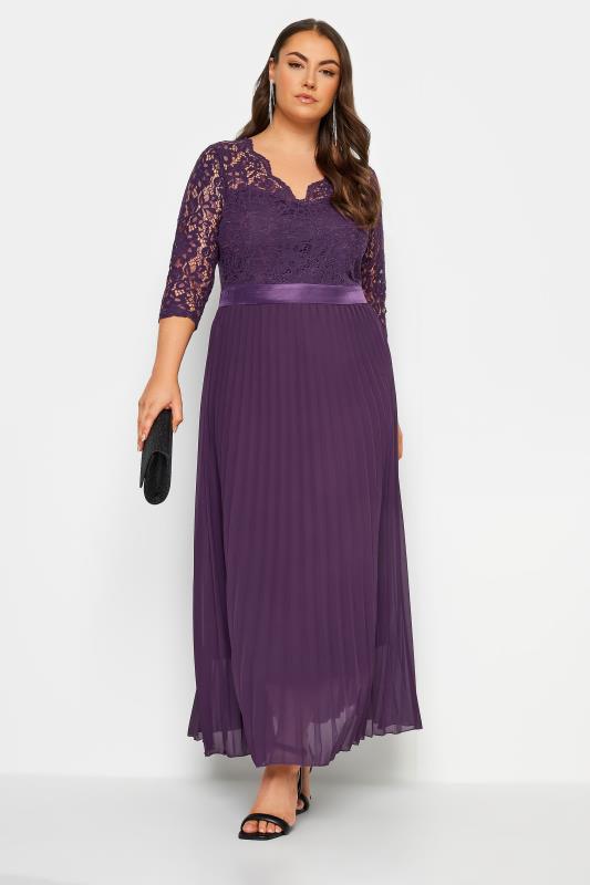  Grande Taille YOURS LONDON Curve Purple Lace Wrap Pleated Maxi Dress