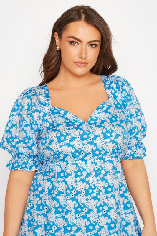 Plus Size Blue Floral Puff Sleeve Peplum Top | Yours Clothing 4