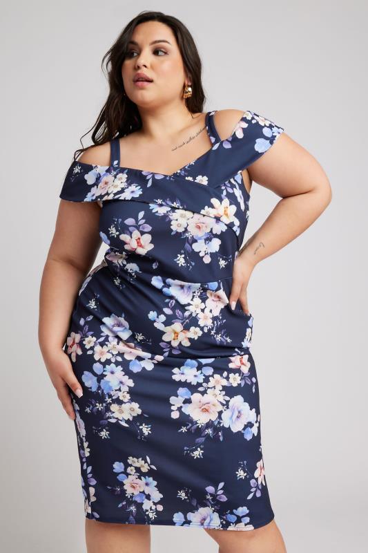 YOURS LONDON Plus Size Navy Blue Floral Print Bardot Dress | Yours Clothing 3
