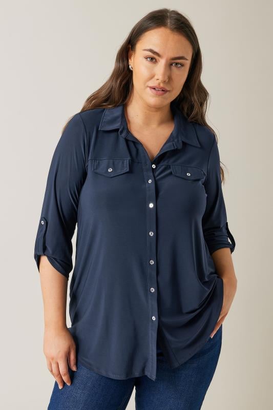 EVANS Plus Size Navy Blue Tab Sleeve Blouse | Evans  1