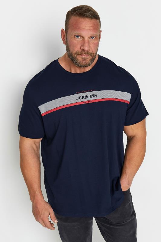 JACK & JONES Big & Tall Navy Blue Logo Stripe T-Shirt | BadRhino 1