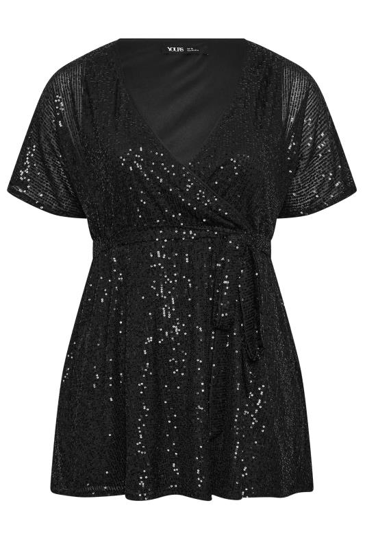 YOURS LONDON Plus Size Black Sequin Short Sleeve Wrap Top | Yours Clothing 5