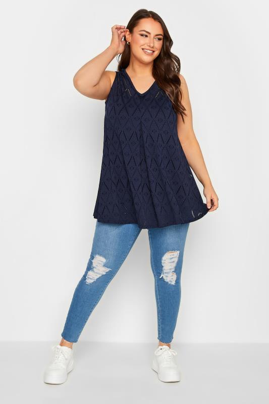 YOURS Plus Size Curve Navy Blue Broderie Swing Vest Top | Yours Clothing  2
