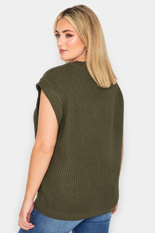 YOURS PETITE Curve Plus Size Khaki Green Chunky V-Neck Knitted Vest Top | Yours Clothing  3