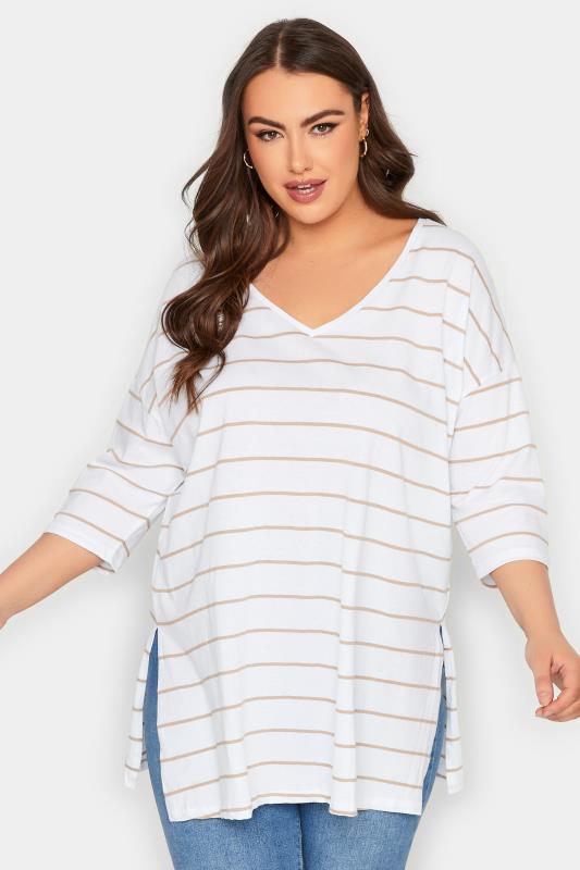 YOURS Curve Plus Size White Stripe V-Neck T-Shirt | Yours Clothing  1