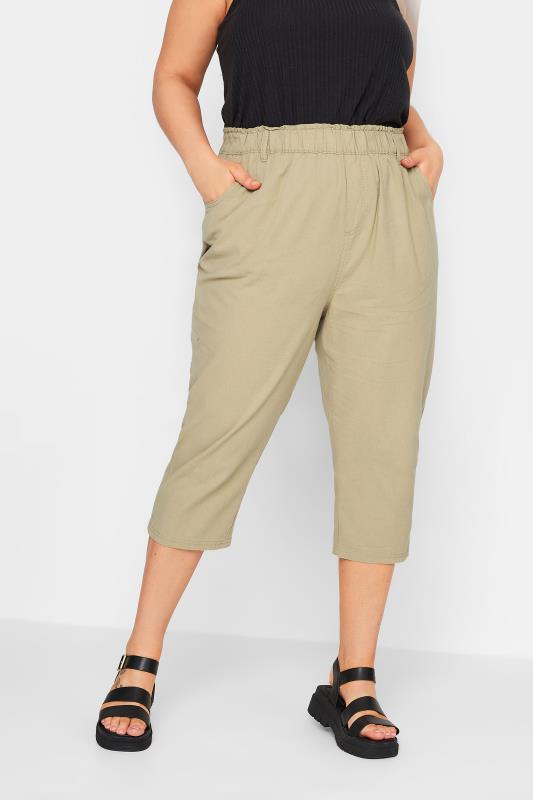 YOURS Curve Plus Size Beige Brown Cotton Cropped Trousers | Yours Clothing  1