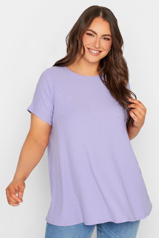 2 PACK Plus Size White & Lilac Ribbed Swing T-Shirts | Yours Clothing 2