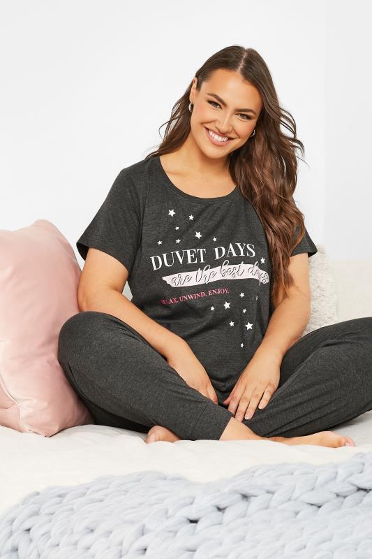 Plus Size Grey 'Duvet Days' Slogan Cuffed Pyjama Set | Yours Clothing 4