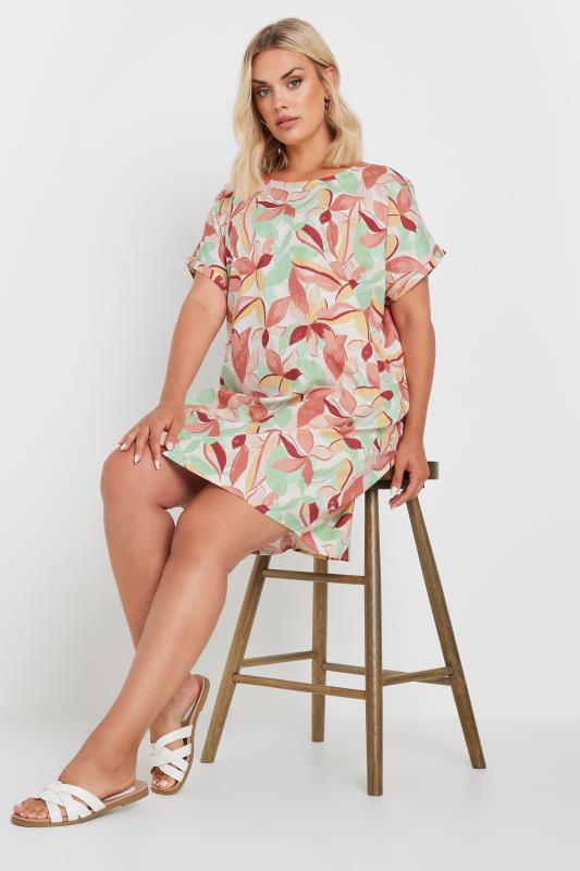 YOURS Plus Size Green & Orange Leaf Print Tunic Dress | Yours Clothing 1