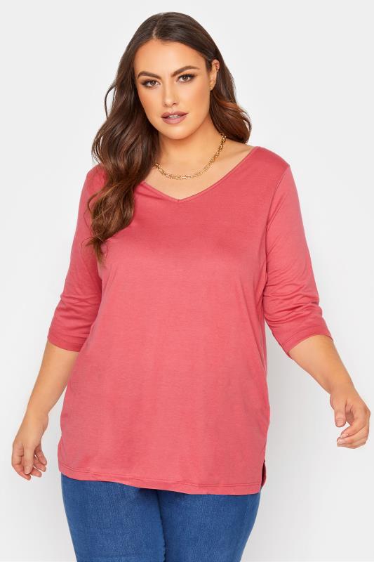Plus Size Pink V-Neck Essential T-Shirt | Yours Clothing 1