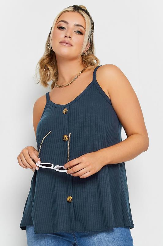 LIMITED COLLECTION Plus Size Navy Blue Ribbed Button Cami Vest Top | Yours Clothing 1